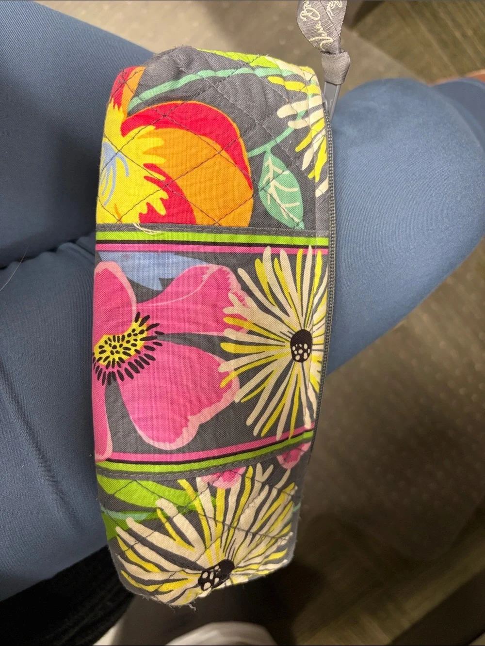 Vera Bradley Quilted Floral pencil case in Gray with Pink & Yellow Flowers